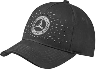 Mercedes-Benz Damen 5-Panel Baseball Cap, Schwarz, Verstellbar, Bio-Baumwolle, Kristallstein-Verzierung, Goldene Details