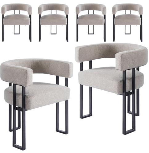 stone princess 6er Set Esszimmerstühle mit Armlehnen: Gepolsterte Bouclé Stühle mit Schwarzen Metallbeinen - Moderner Küchenstuhl für Esszimmer Wohnzimmer Schlafzimmer (Khaki, 6er)