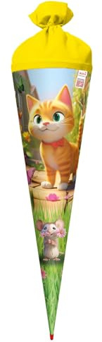 ROTH Schultüte 70 cm groß mit Motiv Miez und Maus – runde Zuckertüte zur Einschulung mit Filzverschluss und Stabiler Rot(h)-Spitze