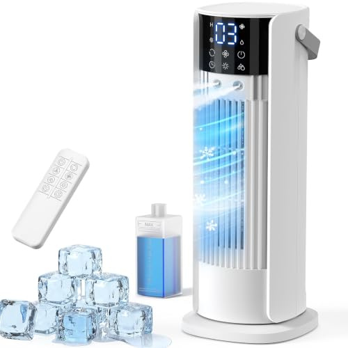 Klimaanlage Mobil, 4-In-1 Luftkühler mit Wasserkühlung, Mobile Klimaanlage con Tanque de 900ml, 3 Gebläsestufen, 90° Oszillation, LED-Display, Leise Klimaanlage mit Luftbefeuchter (Weiß)