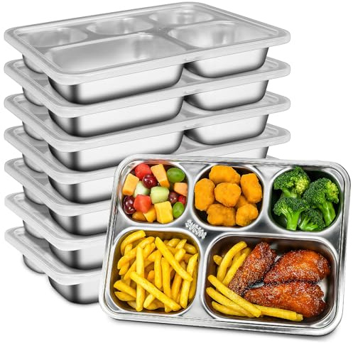 4er Set Edelstahl Geteilte Snackbox mit Deckel, 5-fach Unterteilte Teller