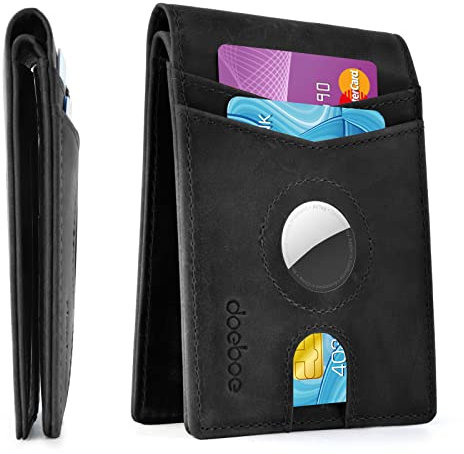 doeboe Portefeuille pour Apple AirTag, Portefeuille en Cuir Véritable avec Blocage RFID pour Air Tags, Rangement pour air tag, Carte de Crédit, Billets, Porte Feuille Poche avec Boîte Cadeau (Black)