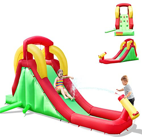 COSTWAY Château Gonflable avec Toboggan & Mur d’Escalade, Aire de Jeux Gonflable avec Pataugeoire & Canon à Eau, Charge 135kg pour 3 Enfants de 3-10 Ans, 470 x 120 x 242 CM, sans Souffleur
