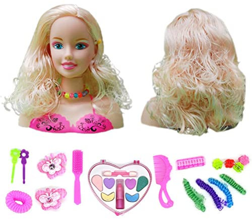 BBABBT Maquillaje de cabeza de pelo para niñas, supermodelo, peluquería, estilo de muñeca, 17 piezas, cabeza de peluquería, juguete educativo de regalo para niños y niñas