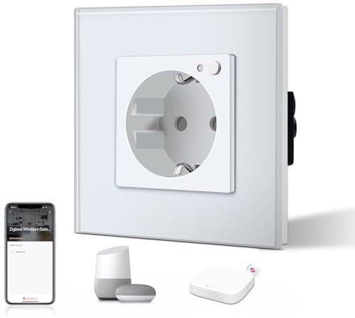 BSEED Schuko Smart Alexa ZigBee Steckdose 16A Glassteckdose, 1 Pack 1 Weg Weiß 86mm Unterputz-Installation APP-Steuerung Arbeit mit Alexa/Google Home DIY Free Spin Nur 2.4 GHz