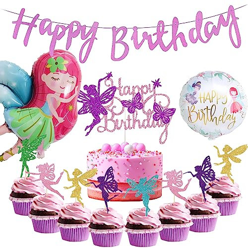 Fee Geburtstag Deko HAPPY BIRTHDAY Girlande Rosa Feen Cupcake Topper Fairy Tortendeko Elfen Figuren Folienballons Kinder Party Schmetterling Kindergeburtstag Dekoration Mädchen