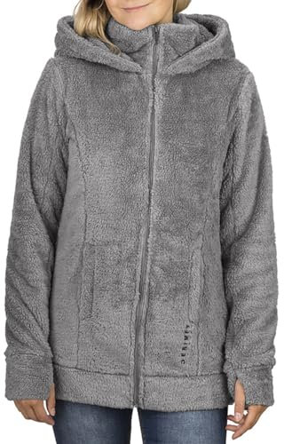 DENIMFY Fleecejacke Damen mit Kapuze DFMila Teddyfleece Kapuzenjacke Winterjacke Übergangsjacke, Größe:L, Farben:White-Anthracite