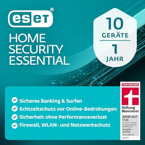 ESET HOME Security Essential 2026 | 10 Geräte | 1 Jahr | inklusive Firewall, Sicheres Banking & Surfen, Mikrofonkontrolle & Webcam-Schutz| Windows, macOS und Android | Aktivierungscode per E-Mail