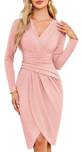 JASAMBAC Party Dresses for Women,Long Sleeves Evening Dresses Wedding Guest Dress Elegant Bodycon Ruched Wrap Formal Midi-Dress for Work Business Light Pink