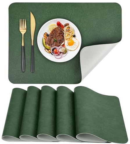 APLKER Platzsets 6er Set, Abwaschbar Tischsets rutschfest, Doppelseitigen Kunstleder Platzdeckchen, Hitzebeständig Platz-Matten für Küche Speisetisch, 40 x 30 cm (Grün/Grau, 6pcs)