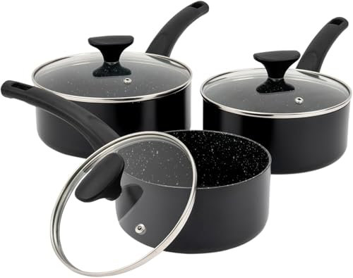 Inducation Base Non Stick Saucepan Set, 16/18/20cm 3 Piece Aluminium Sauce Pot with Tempered Glass Lid, Gas,Ceramic and Electric Hobs Dishwasher Safe Milk Pan with Bakelite Handle