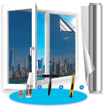 Cycbiki (2025 Premium Fensterfolie Sonnenschutz) UV400 Schutz Spiegelfolie Fenster Sichtschutz 90 * 200cm reflektierende Selbsthaftend Rückstandslose Sonnenschutzfolie Fenster innen&außen, Silber