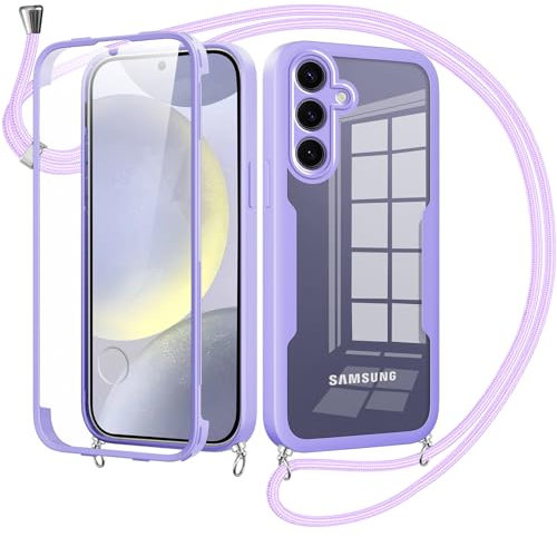 Woijrly Collier Coque pour Samsung Galaxy S24 avec Protecteur D'écran Intégrée,360 Degrés Transparent Réglable Étui Cordon Housse Antichoc Anti-Rayures Tactile Deux Couches Protection Etui-Violet