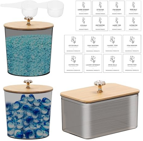 BlyeMichdi Laundry Storage Containers with Bamboo Lids, Set of 3, Clear Acrylic Laundry Jars for Detergent Pods Washing Tablets Dryer Sheets, Scent Booster Beads Container With Lids And Labels (Gray)