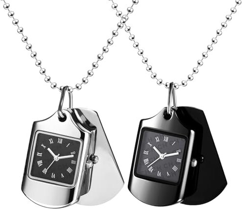 JewelryWe Taschenuhr Personalisierte Halskette mit Erkennungsmarke: 2pcs Analog Quarz Kettenuhr Römische Ziffern Rechteckig Militär Uhr Hundemarke Dog Tag Anhänger mit Gravur Soldaten Kette Unisex