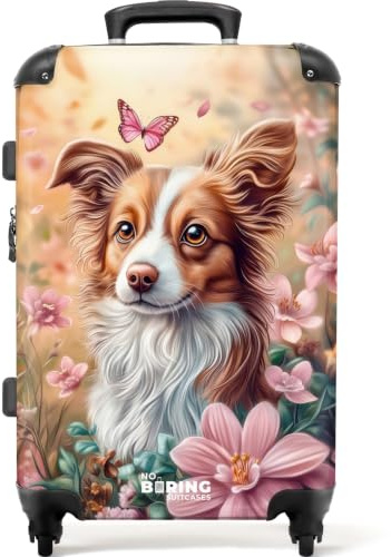 NoBoringSuitcases© Koffer Kinder Groß Reisekoffer Kinderkoffer mit 4 Rollen | 67x43x25 cm - Leicht Trolley Große M Hartschalenkoffer Flugzeug Hund - Blumenfeld - Schmetterlinge
