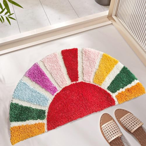 Dermalyx Demi-Cercle Boho Tapis de Bain Antiglisse Lavable, Tapis de Bain Coloré à Thème Soleil, Tapis Doux et Support de Douche 40 x 76 CM