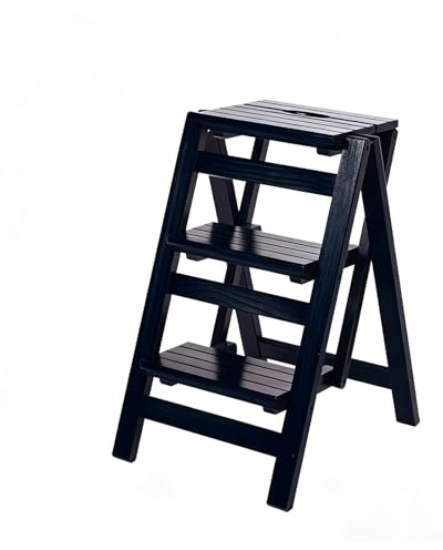 HJYXXSR Sgabello Pieghevole con Scaletta a Tre Gradini, Sgabello Multifunzionale in Legno Massello, Scala da Arrampicata Portatile, Adatto per biblioteche, Uffici, Case, All'aperto Black