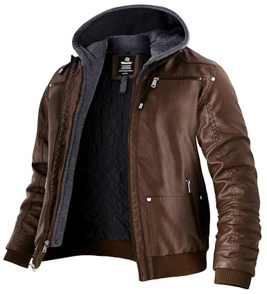 Wantdo Giacca Pelle Taglie Comode Giubbotto Ecopelle con Cappuccio Giacca Invernale in Pelle Giubbotto Ecopelle Spesso-Marrone S