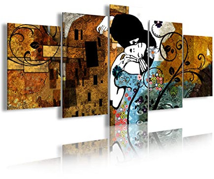DekoArte 275 - Modernes Bild, digitalisierter Kunstdruck | Dekoratives Bild für den Salon oder das Schlafzimer | Stil Abstrakt Kunst Gustav Klimt Der Kuss | 5 Teile 200 x 100 cm XXL