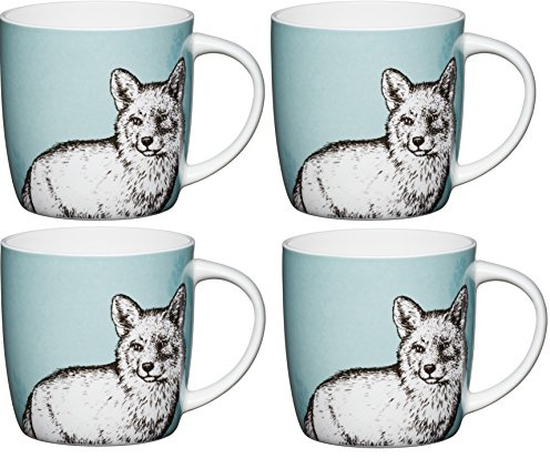 KitchenCraft Fine Bone China 'Fox' Barrel-Shaped Printed Animal Mugs, 425 ml - Teal (Set of 4)