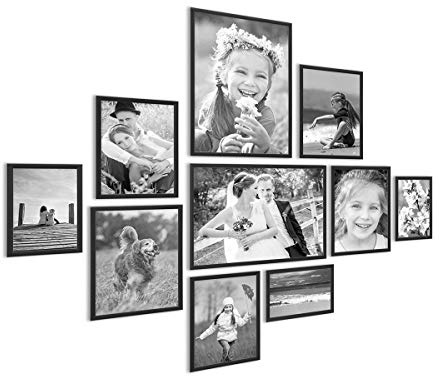 PHOTOLINI Alu-Bilderrahmen-Set Schwarz schmal, 10er Set Metall-Rahmen aus Aluminium, bruchsicheres Acrylglas, zum Aufhängen & Aufstellen, extra Zubehör, modernes Design für Poster & Fotos