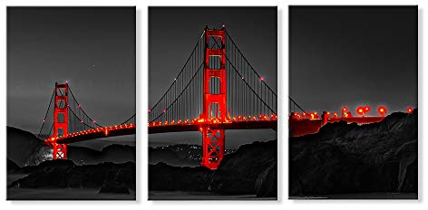 JAPO ART Kunstdruck auf Leinwand, Motiv Golden Gate Bridge San Francisco, Kalifornien, Schwarz/Weiß/Rot 20x28 Inchx3pcs Golden Gate Bridge Ii