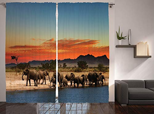 ABAKUHAUS Elefant Rustikaler Gardine, Afrika Safari Wildlife, Schlafzimmer Kräuselband Vorhang mit Schlaufen und Haken, 280 x 175 cm, Hellblau Orange Braun
