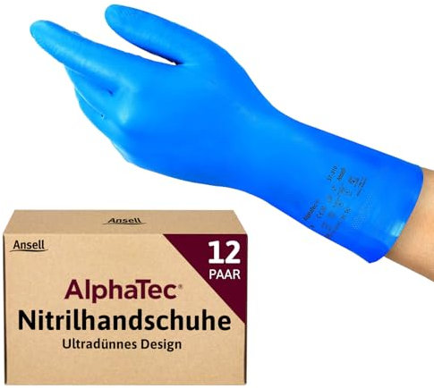 Ansell AlphaTec 37-310, Vielseitige Nitrilhandschuhe, Wiederverwendbare Handschuhe, Latexfreie Chemikalienschutzhandschuhe, Koch- und Reinigungshandschuhe, Blaue Arbeitshandschuhe, 12 Paar, Gr. 2XL