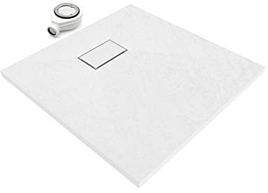 SMC BOREAL Duschwanne 80x80 cm, Extra Flache und Robuste Duschtasse 26MM Mit Anti-Rutsch-Oberfläche in Schieferoptik/Steinoptik - Langlebig, Inkl. Ablaufgarnitur Mit Deckel - Weiß