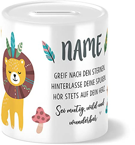 OWLBOOK® Kinder Spardose Löwe | personalisierte Geschenke Konfirmation Jugendweihe Kommunion Firmung Einschulung Geburt Baby Kind | Geburtstagsgeschenke Ostergeschenke für Kinder | Keramik