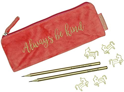 Papierdrachen Mäppchen aus Samt - Elegantes Federmäppchen in Koralle mit motivierendem Spruch, 2 Bleistifen und 5 goldenen Paper Clips Uni und Schule | Set Nr 2