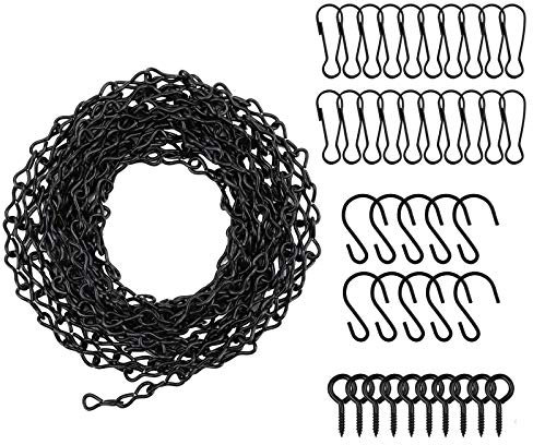 Lechansen Black Hanging Chains,196 Inches Hanging Basket Chains,Picture Hanging Chain with 10 Hooks and 20 Clips& 5 Screw Eye Hook for Bird Feeders,Planters,Decorative Ornaments Hanging,DIY Length
