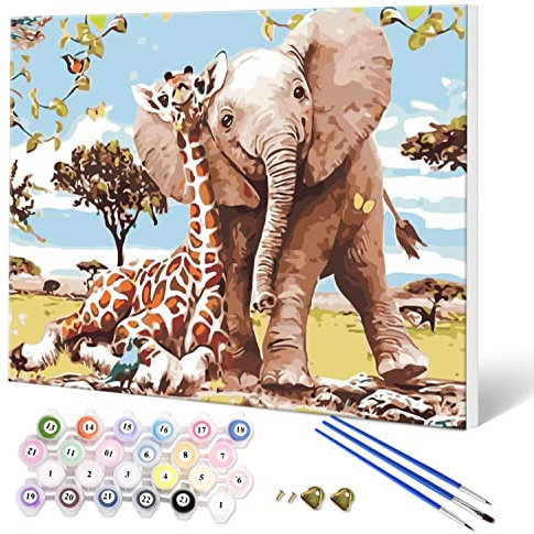 Fuumuui Peinture par Numéros Adultes et Enfants Débutants Peinture avec Cadre Comprend des Pinceaux et des Peintures Acryliques 40 x 50 cm - Animaux, Éléphant et Girafe