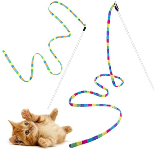 FYNIGO Interactive Cat Rainbow Wand Toys for Indoor Cats Adult and Kitten,Extended Colorful Cat Teaser Wand String Plush Toy,Original Product Strong and Sturdy Pole with Bells(2 Pack)