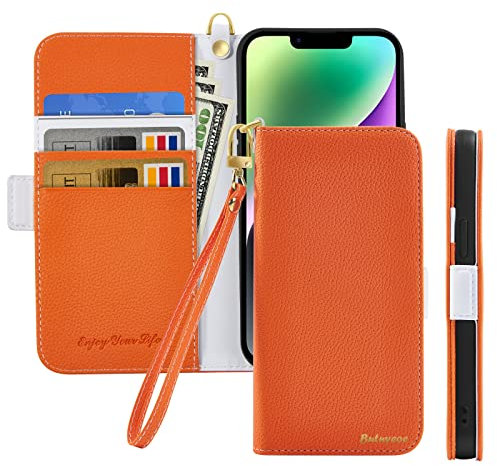 Butnyeoe Mobile Phone Case for iPhone 14, Foldable Flip Case, Litchi Texture Leather Wallet with Card Slot Stand Function, Orange