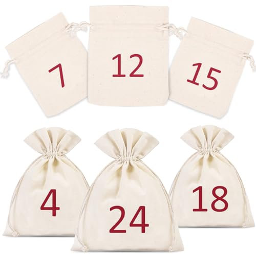 Adventskalender zum Befüllen Stoff, 24x Baumwollsäckchen 10x13cm - Adventskalender 2025 Stoffbeutel mit Adventszahlen, Weihnachtskalender, Natur Jutesäckchen, Stoffsäckchen, Geschenktüten