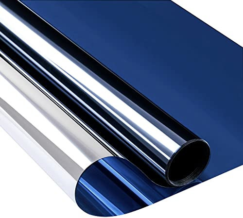Zindoo Spiegelfolie Fensterfolie von innen Durchsichtig von aussen Blickdicht Sonnenschutzfolie Selbsthaftend UV-Schutz Trübes Blau Silber 90x400cm