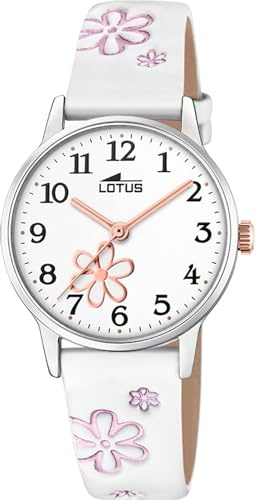 Lotus Mädchenuhr Analog aus Edelstahl und Leder Weiß | Quarzwerk, Widerstandsfähiges Mineralglas, Wasserdicht 5 ATM, Klassisch 18863/1, mit Geschenkarmband
