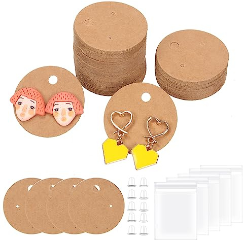 Swpeet 600Pcs Kraftpapier Ohrring Display Karten Assorment Kit, 4CM-1,6 Zoll Runde Ohrring Halter Karten mit Ohrring Rücken und Selbst-Siegel-Taschen, Ohrstecker Halter Karten
