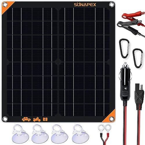 SUNAPEX Chargeur de batterie solaire 20 W pour voiture, 12 V, étanche, kit de panneau solaire portable pour voiture, bateau, camping-car, remorque, moto, motoneige, etc