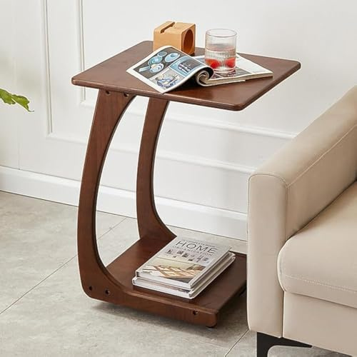 COZYMATIC Emerson Massivholz-Beistelltisch mit rollenden Rädern, C-förmiger Beistelltisch, TV-Tablett, Couchtisch, der für kleinen Raum gleitet, Wohnzimmer, Schlafzimmer (Walnuss) - Groß