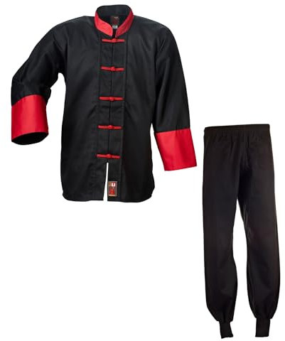 Ju-Sports Kung Fu Anzug Schwarz/Rot, Cotton 200 I Solider Kampfanzug im klassischen Schnitt I Mit Kordelknöpfen & Bündchenhose mit Elasikbund I 100% Baumwolle
