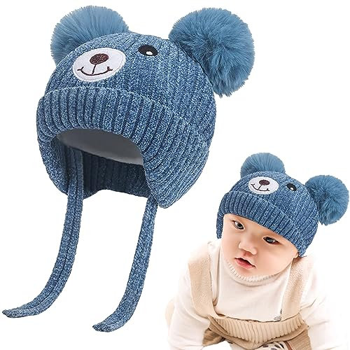 Baby Wintermütze mit Ohrenklappen Kinder Beanie Strickmütze Niedlich Bär Wintermütze mit Bommel Fleecefutter Beanie Kleinkind Verdicken Warme Plüsh Gefüttert Mütze für 0-5 Jahre Jungen Mädchen