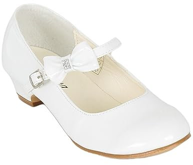 Girls' High Heel Patent Mary Jane Dress White Shoes with Ankle Strap & Bow - Ideal for Weddings, Communion, Confirmation Events Size UK Youth 4