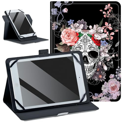 DIGTIALL Étui universel pour tablette Amazon Fire HD 8/Samsung/iPad Mini/Lenovo/TCL, support rotatif à 360 degrés et angles de vue multiples pour tablette de 7 à 9, motif tête de mort et fleur