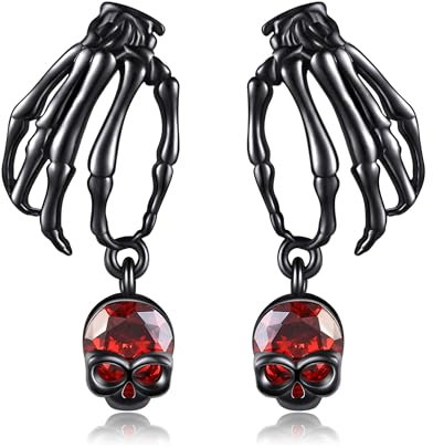Skelett Ohrringe 925 Sterling Silber - Schwarze Hand Ohrstecker Hängend Hypoallergen - Goth Totenkopf Schmuck Geschenke für Damen Mädchen Männer - Halloween Gothic Party