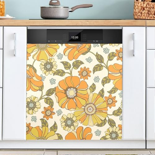 Exnundod Magnetische Geschirrspülerabdeckung im Retro-Stil der 70er Jahre, Motiv: Frühlingsmotiv, bunt, Kühlschrank-Aufkleber, magnetisch, für Tür, dekorativ, 58 x 66 cm