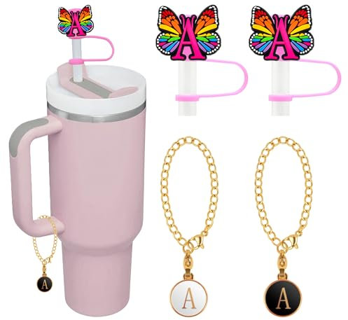 Stanley-Trinkhalm-Abdeckung, 10 mm, rosa Stanley-Tassen-Zubehör mit 2 Buchstaben-Anhängern für Stanley-Becher mit 76 und 1134 ml, 2 Anfangsbuchstaben und Anhänger für Stanley-Becher (Buchstabe A), 4