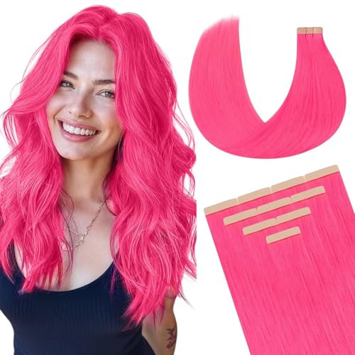 DOORES Echthaar Tape Extensions Remy Haar Tape, Heißes Rosa 35cm (14zoll) 25g 10pcs, ERGÄNZUNG, Tape Extensions Echthaar Gerade Haar